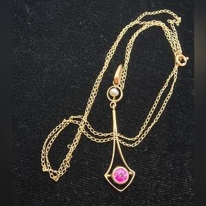14k Yellow Gold Seed Pearl Pink Stone Lavalier 10k Gold Chain Edwardian Antique